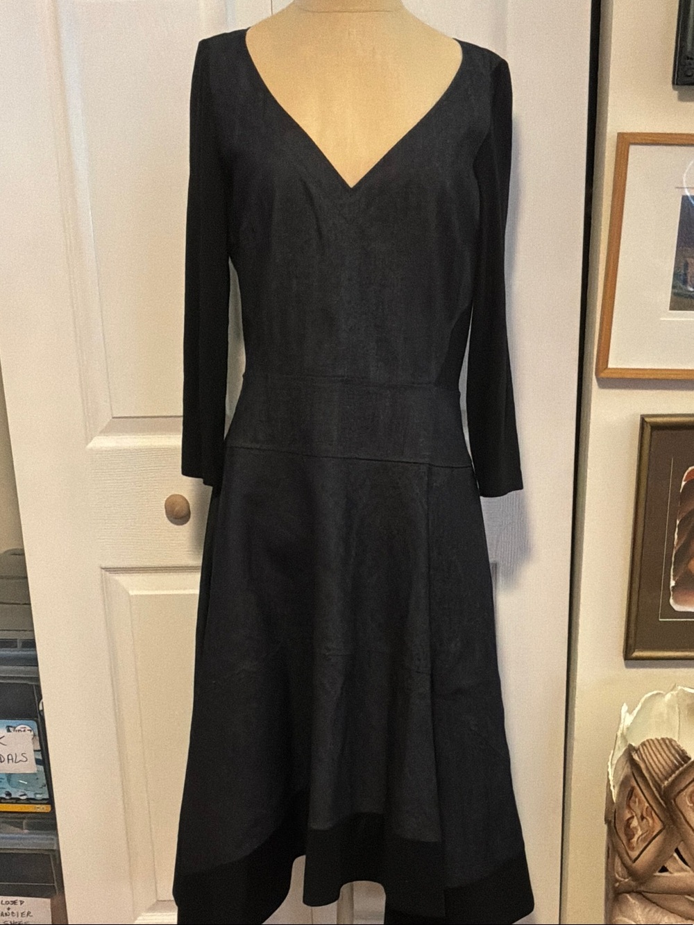 Donna Karan Black V-Neck Long Sleeve Fit-and-Flare Dress